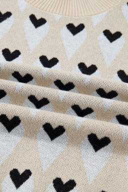 Parchment Geometric Heart Print Ribbed Trim Loose Sweater
