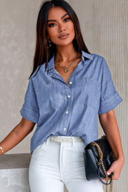 Blue Turn-down Collar Short Sleeve Denim Shirt