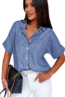 Blue Turn-down Collar Short Sleeve Denim Shirt