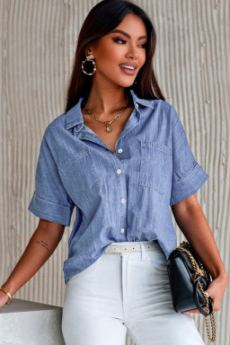 Blue Turn-down Collar Short Sleeve Denim Shirt
