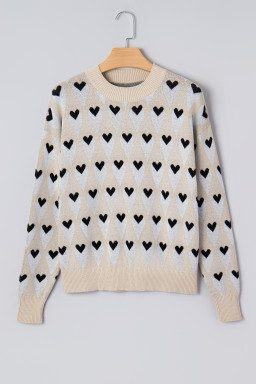 Parchment Geometric Heart Print Ribbed Trim Loose Sweater