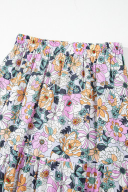 Sky Blue Bohemian Floral Print Tiered Maxi Skirt with Split