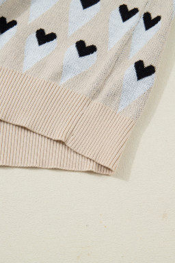 Parchment Geometric Heart Print Ribbed Trim Loose Sweater