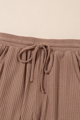 Chestnut Solid Color Waffled V Neck Loose Tee Drawstring Shorts Set