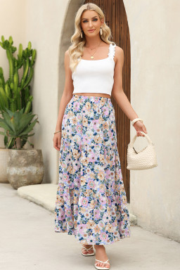 Sky Blue Bohemian Floral Print Tiered Maxi Skirt with Split