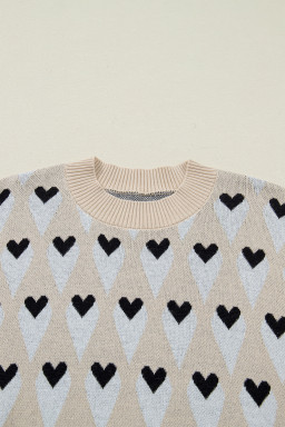 Parchment Geometric Heart Print Ribbed Trim Loose Sweater