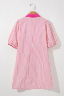 Rose Stripe Color Block Patchwork Shirt Collar Button Down Puff Sleeve Mini Dress