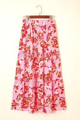 Pink Bohemian Floral Print Tiered Maxi Skirt with Split