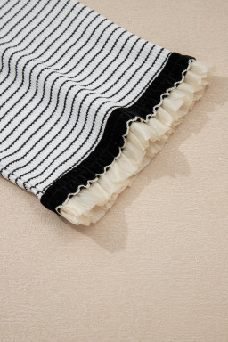 White Stripe Contrasted Ruffle Trim Loose Long Sleeve Top