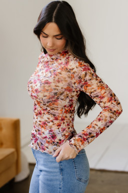 Red Lettuce Trim Floral Print Mesh Long Sleeve Top