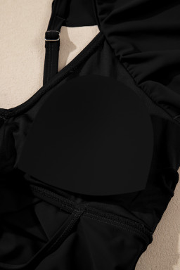 Black Solid Color Ruffle Detail Crossed Cutout Slim Tankini 2pcs Swimsuit