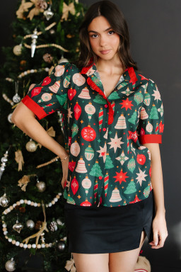 Green Christmas Fashion Print Contrast Trim Frilled Neck Short Sleeve Blouse