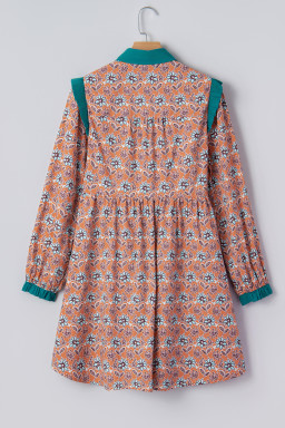 Orange Boho Floral Contrast Collared Shirt Mini Dress