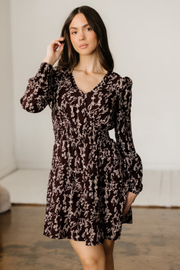 Brown Ditsy Floral Print Split Neck Long Sleeve Shirred Waist Flared Mini Dress