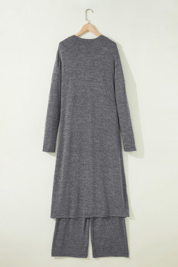 Dark Grey 3pcs V Neck T Shirt Ribbon Knot Pants Open Duster 3pcs Lounge Set