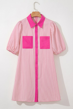 Rose Stripe Color Block Patchwork Shirt Collar Button Down Puff Sleeve Mini Dress