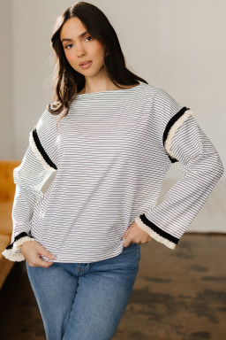 White Stripe Contrasted Ruffle Trim Loose Long Sleeve Top