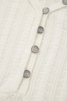 White Solid Color Textured Button V Neck Raw Seam Henley Tee