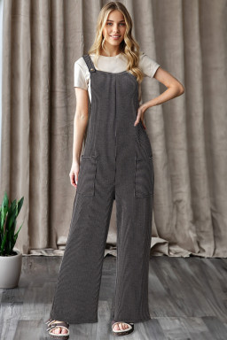 Carbon Grey Ribbed Knit Patched Pocket Wide Leg Overalls