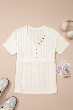 White Solid Color Textured Button V Neck Raw Seam Henley Tee