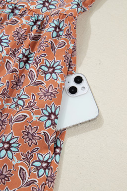 Orange Boho Floral Contrast Collared Shirt Mini Dress