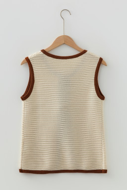White Horizontal Ribbed Knit Contrast Trim Ties Front Sweater Vest