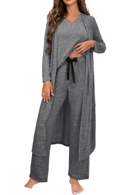 Dark Grey 3pcs V Neck T Shirt Ribbon Knot Pants Open Duster 3pcs Lounge Set