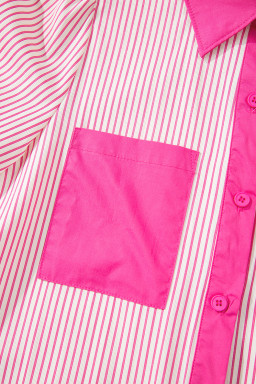 Rose Stripe Color Block Patchwork Shirt Collar Button Down Puff Sleeve Mini Dress