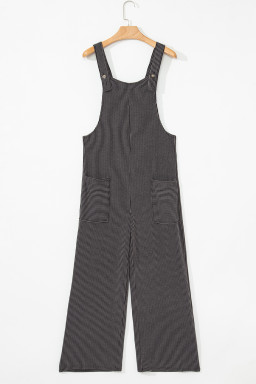 Carbon Grey Ribbed Knit Patched Pocket Wide Leg Overalls