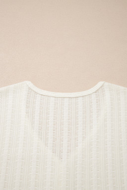 White Solid Color Textured Button V Neck Raw Seam Henley Tee