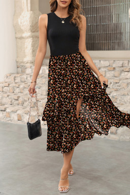 Black Floral Patchwork Asymmetric Ruffle Skirt Solid Tank Bodice Cocktail Dress