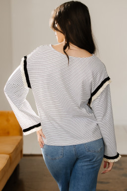 White Stripe Contrasted Ruffle Trim Loose Long Sleeve Top