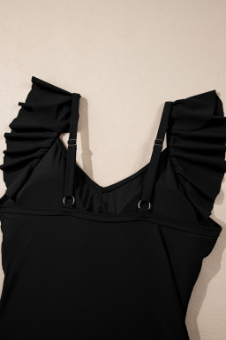 Black Solid Color Ruffle Detail Crossed Cutout Slim Tankini 2pcs Swimsuit