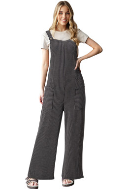 Carbon Grey Ribbed Knit Patched Pocket Wide Leg Overalls