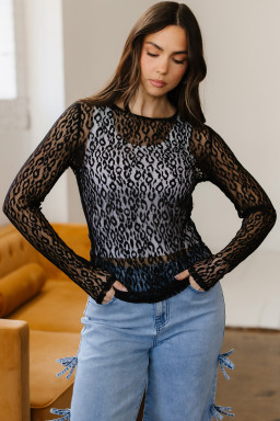 Black Leopard Pattern Sheer Mesh Long Sleeve Top