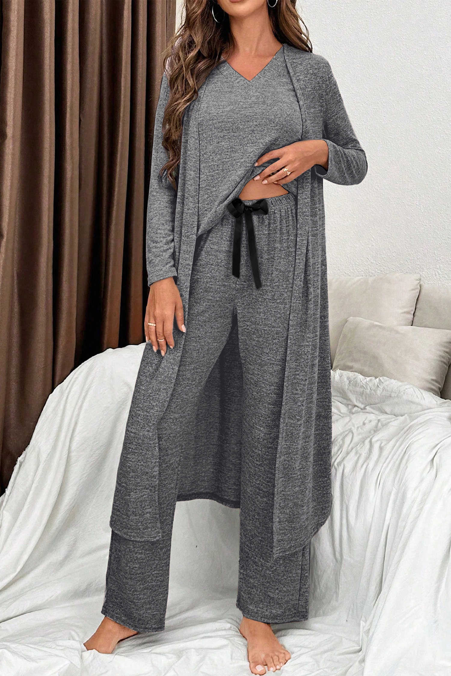 Dark Grey 3pcs V Neck T Shirt Ribbon Knot Pants Open Duster 3pcs Lounge Set