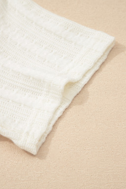 White Solid Color Textured Button V Neck Raw Seam Henley Tee