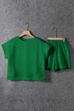 Dark Green Textured Short Sleeve Top and Shorts Set