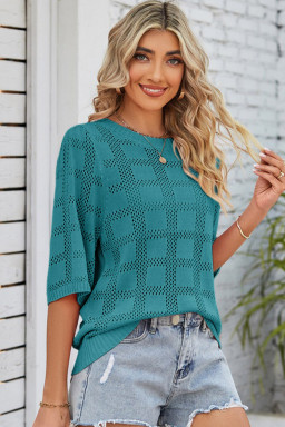 Skobeloff Plaid Pattern Crochet Knit Short Sleeve Sweater