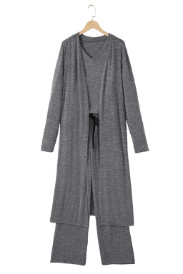 Dark Grey 3pcs V Neck T Shirt Ribbon Knot Pants Open Duster 3pcs Lounge Set