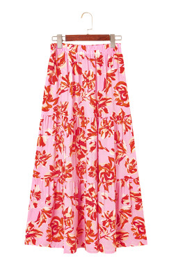 Pink Bohemian Floral Print Tiered Maxi Skirt with Split