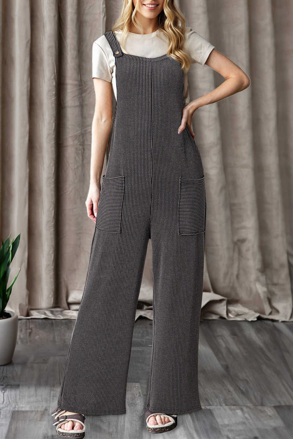 Carbon Grey Ribbed Knit Patched Pocket Wide Leg Overalls