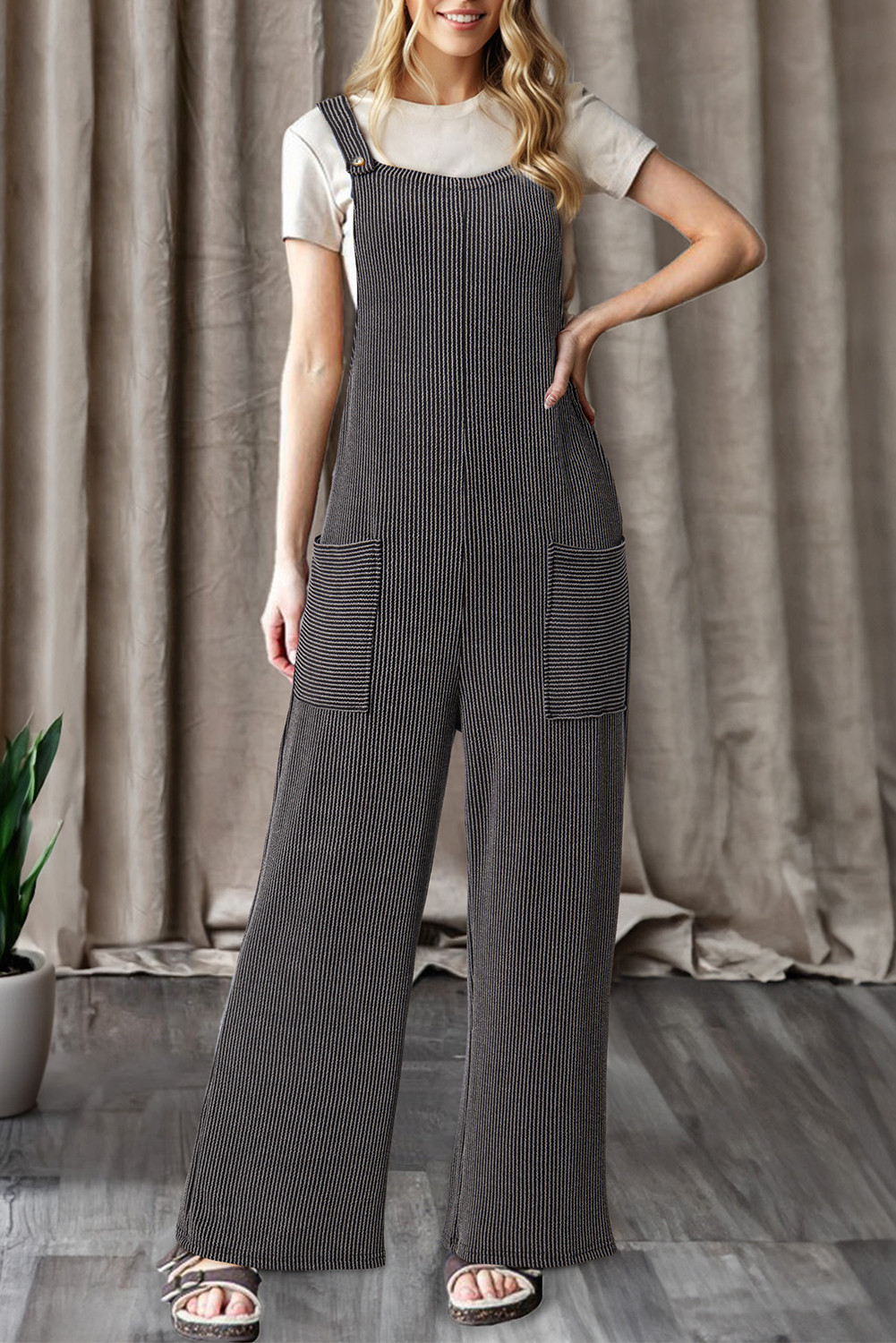 Carbon Grey Ribbed Knit Patched Pocket Wide Leg Overalls