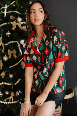 Green Christmas Fashion Print Contrast Trim Frilled Neck Short Sleeve Blouse