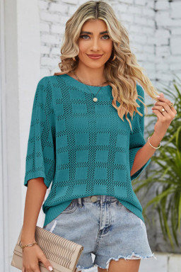 Skobeloff Plaid Pattern Crochet Knit Short Sleeve Sweater