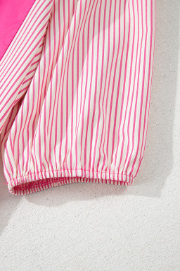 Rose Stripe Color Block Patchwork Shirt Collar Button Down Puff Sleeve Mini Dress