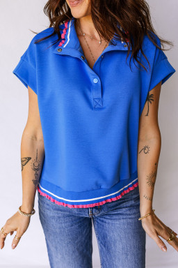 Sky Blue Contrast Frilled Trim Button Collared Short Sleeve Knit Top