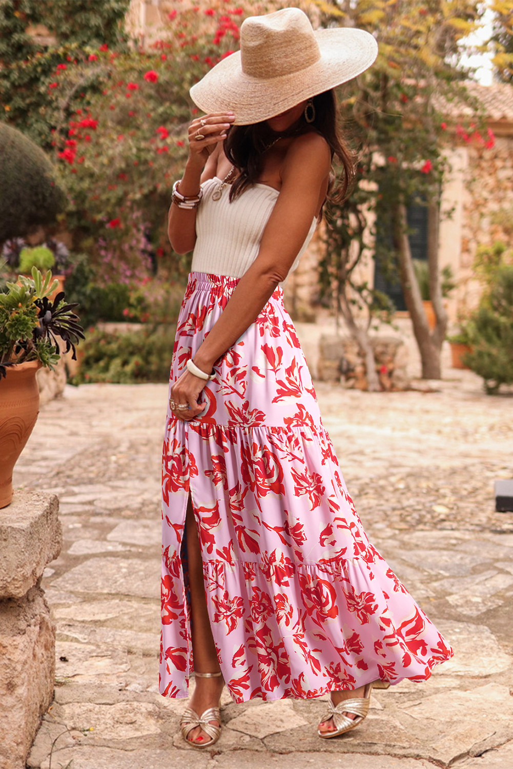 Pink Bohemian Floral Print Tiered Maxi Skirt with Split