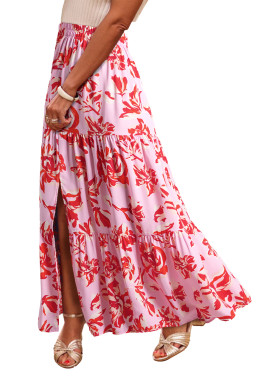 Pink Bohemian Floral Print Tiered Maxi Skirt with Split