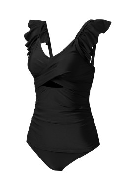 Black Solid Color Ruffle Detail Crossed Cutout Slim Tankini 2pcs Swimsuit